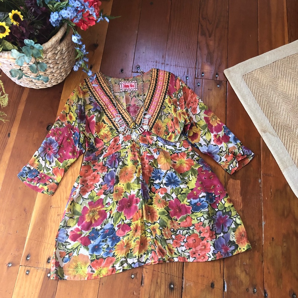 Johnny Was floral embroidered tunic blouse rayon S cottagecore lagenlook